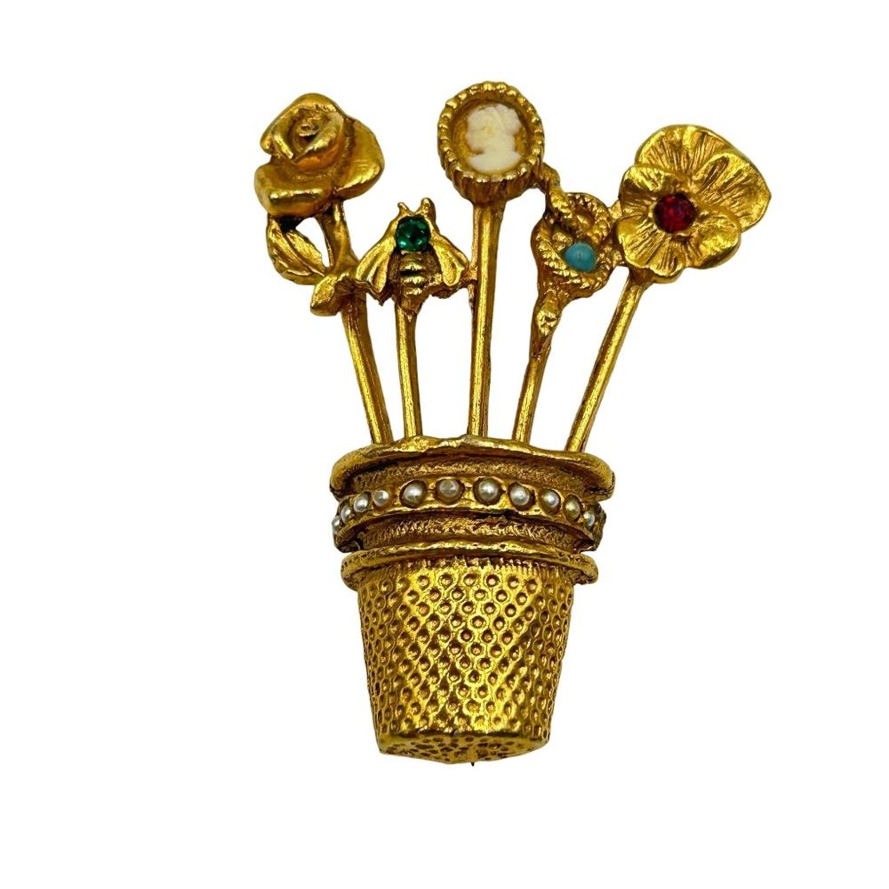 Vintage Thimble with Stick Pins Brooch Goldette Design Gold Tone Costume Jewelry
